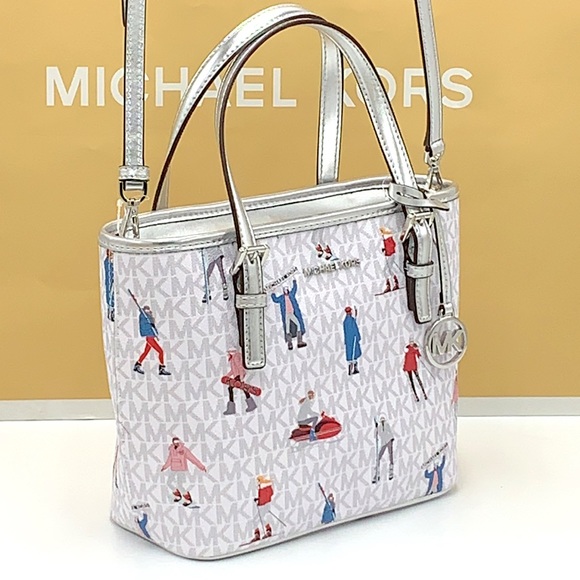 Michael Kors Jet Set Girls Print White Signature XSMALL Carryall Top Zip Tote - Picture 5 of 16